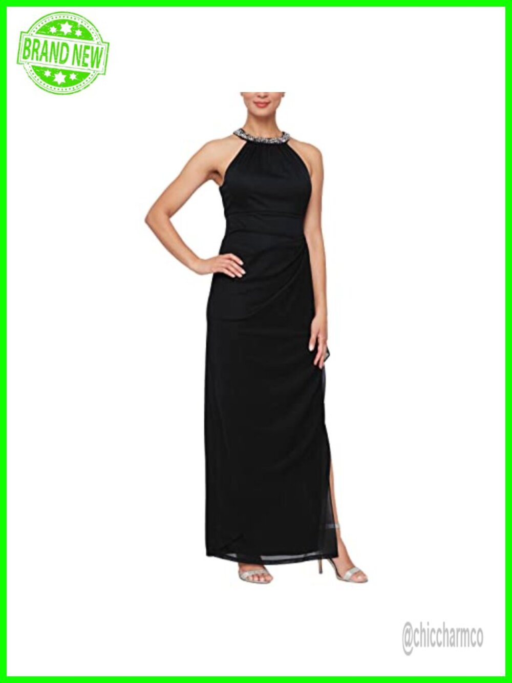 Soft Stretchy Mesh Halter Neck Dress Beaded Ruffle Formal Gown